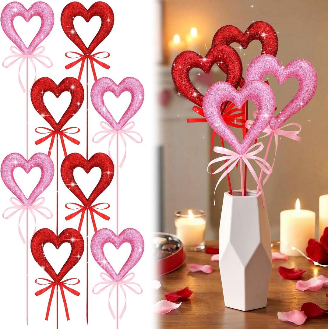 Soulchen 8 Pcs Valentines Day Heart Picks Tree Topper Decorations 15.7 Inch Heart Picks Extra Large Red Pink Glitter Foam Decorations for Valentine's Ornaments Centerpiece Table Decor (Sparkle)