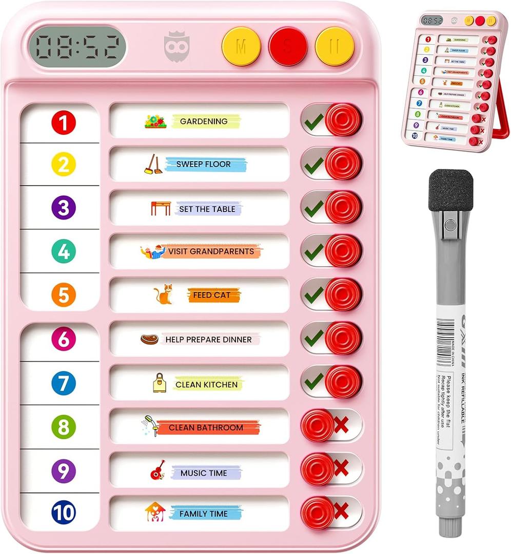 Magnetic Chore Chart for Kids with Time Timer, 99-Min Countdown/Up Visual Timer, Dry-Erase Reward Chart with Sliders, to Do List & Routine Checklist, Visual Schedule, Autism/ADHD Tools (Pink)