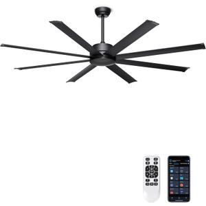 Ohniyou 72" Large Ceiling Fan No Light - Industrial Fan Remote & APP Control, Quiet DC Motor, Indoor/Outdoor Ceiling Fan for Patio, Shop, Garage, Aluminum Blades, Black