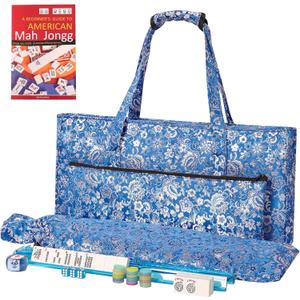 American Mahjong Game Set, 166 White Tiles, Dark Blue Bag with Entire Accessories, 4 All-in-One Rack/Pushers, Mahjong Tiles Set
