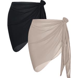 CHICGAL 2 Pieces Women Beach Sarong Bathing Suit Wrap Skirt Sheer Bikini Swimsuit Cover Ups for Swimwear (Black & Light Khaki)