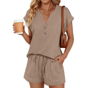 LILLUSORY Womens Henley 2 Piece Short Sets Summer 2026 Lounge Spring Beach Airport Travel Vacation Outfits Matching Sweatsuit