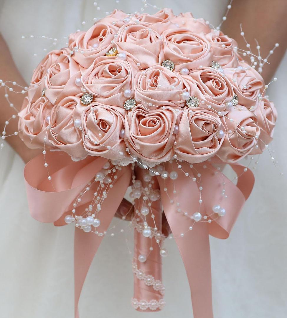 Bridal Wedding Bouquet Round Bling Brooch Bouquet Throw Toss Artificial Rose Flower Bunch for Bride Bridesmaid Wedding Quinceanera(Peach Pink, 7.5") (Small (Dia. 7.5"/19cm))