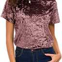 Women's Crew Neck Velvet Top Short Sleeve T-Shirt, Large