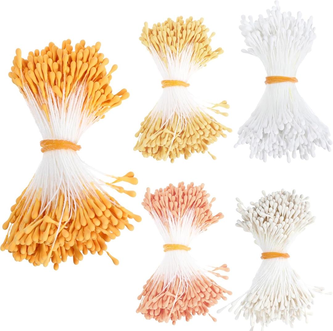 KALIONE 1700 Pcs 3mm Pearl Flower Stamen, Double Heads Flowers Stamens White Flower Stamens for Crafts Flowers Stamen for FlowerMaking Supplies Scrapbook Decoration (5 Colors)