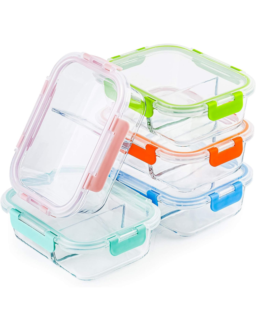 CREST Glass Meal Prep Containers 2 Compartment Set, 5-Pack, 34oz, Glass Bento Boxes for Adults, Divided Glass Lunch Containers with Lids