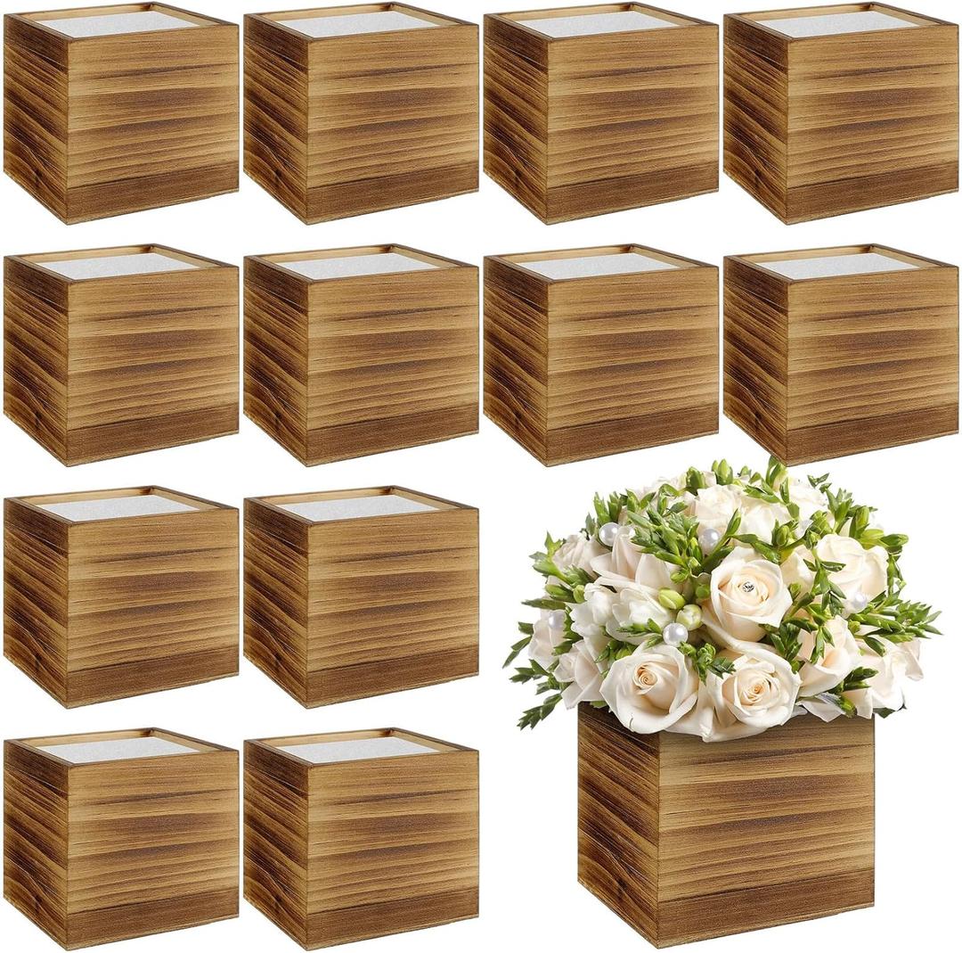 Suzile 12 Set 4 Inch Wooden Planter Box Flower Square vases for Centerpiece Rustic Cube Planter Box with Removable Foam Blocks Liner Square Vase Craft for Garden Home(Burn Wood Color)