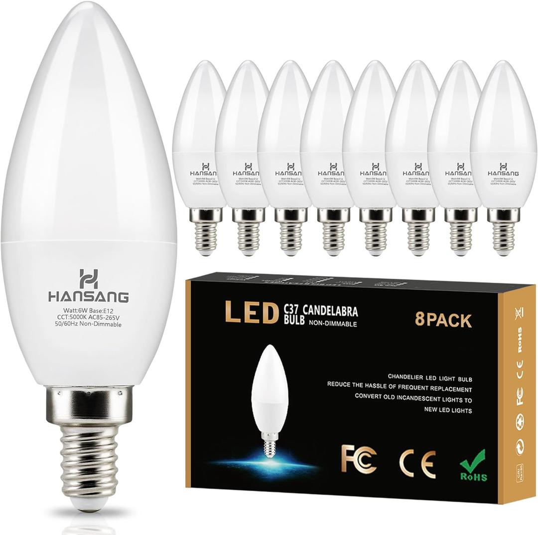 hansang 8 Pack E12 Candelabra LED Bulbs 5000K Bright Daylight, Small Base Ceiling Fan Light Bulb 6W, Type B Light Bulb for Chandelier, Candle Shape B11 Light Bulb, 600LM, Non-dimmable