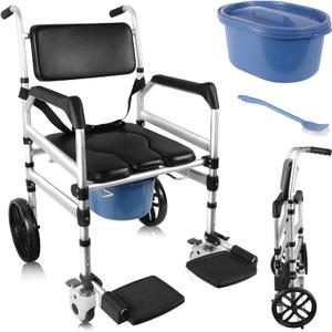 4 in 1 Foldable Shower Chair with Wheels - Aluminum Alloy Height Adjustable Wheelchair, Sturdy Rolling Chair with Large Commode for Seniors (Black, D)
