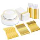 175 Pcs Gold Dinnerware Set, Plastic Plates Disposable for 25 Guests Include:25 Gold Rim Dinner Plates, 25 Dessert Plates, 25 Paper Napkins, 25 Cups, 25 Silverware Set Perfect for Party