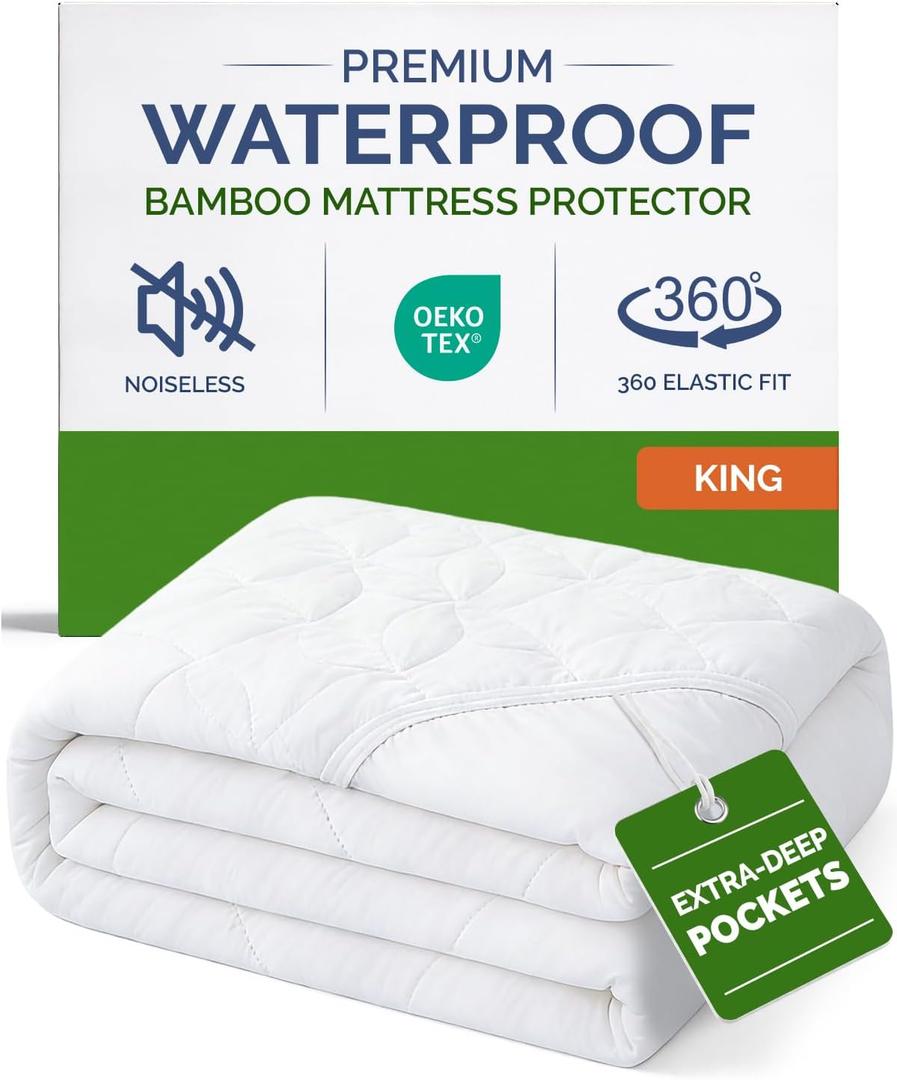Waterproof Cooling Mattress Protector - Mattress Cover King Size Bed - Viscose Made From Bamboo - Soft, Breathable, Noiseless & Washable - Fitted Sheet Style & All Round Protection - (78" x 80") White