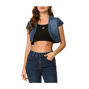 Allegra K Women's Denim Jacket Crop Casual Denim Cardigan Cap Sleeve Summer Outfits Jean Jacket Shrug S