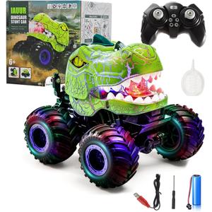 Dinosaur Remote Control Car, 360 Rotating RC Stunt Car Dinosaur Monster Truck Toys with Spray, Light & Sound,2.4GHz All Terrain Indoor/Outdoor Toys for Kids 3-12 Christmas & Birthday (Green)