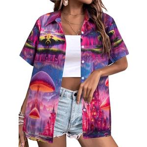 FRYAID Magic Shirt Women Magical Kingdom T-Shirt Funny Graphic Hawaiian Shirts Family Vacation Button Down Short Sleeve Tops 2XL