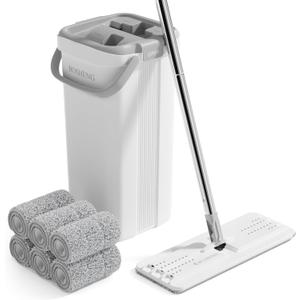 Mop and Bucket with Wringer Set, Flat Floor Mop and Bucket for Home, Includes 6 Reusable Microfiber Pads, Ideal for Home, Floor, and Wall Cleaning (1 Bucket [White] + 60" Mop + 6 Grey Pads)