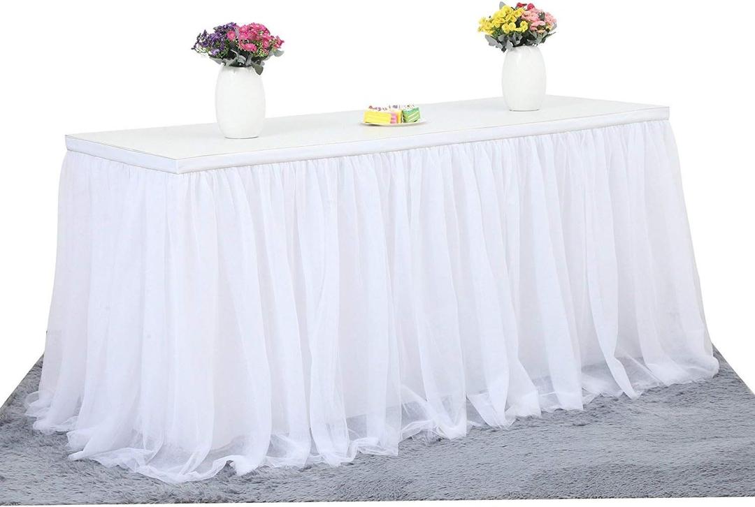 Suppromo 14ft White Tulle Table Skirt Tutu Table Skirt Tablecloth Decorations for Rectangle or Round Tables for Birthday Party Baby Shower Wedding Buffet Banquet Decoration(L14(ft)*H 30in)