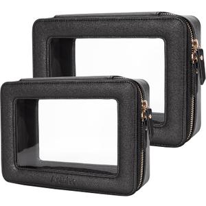 Aveniee Clear Makeup Bag Set,Portable Travel Toiletry Bag Cosmetic Case for Women,Vegan Leather Make Up Pouch Organizer Car Bag for Essentials 2pcs,Middle & Large,Black