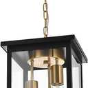3-Lights Black and Brass Outdoor Pendant Light, Exterior Hanging Lantern with Clear Glass, Height Adjustable Hanging Light Fixture for Porch Patio Damp Locations, E26 Base