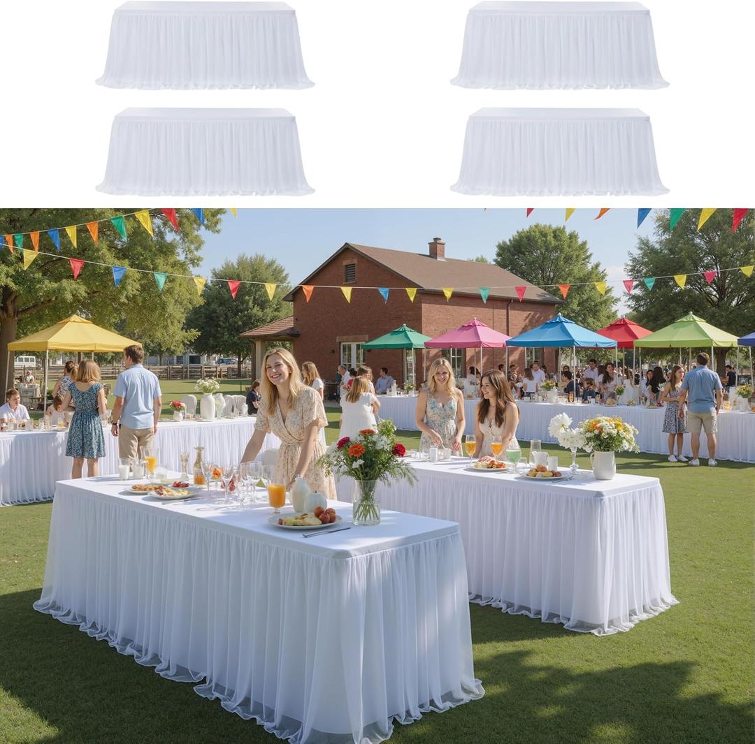 CO-AVE 4pack White Tulle Tablecloth for 6ft Rectangular Tables, 2-in-1 Elastic Stretch Spandex Cover with Tutu Ruffle Skirt, Wrinkle Free for Wedding, Birthday, Banquet, Buffet, Bridal Shower