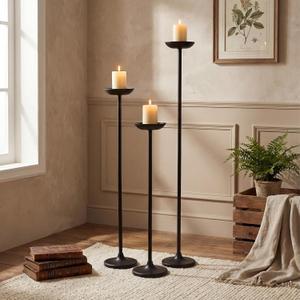 Black Tall Floor Candle Holder of 3 Large Wrought Iron Floor Candelabra | Large Fireplace Candle Holder Pillar Decor Candlestick Stand, Decorative Tall Black Candle Stand for Home Wedding Party Decor