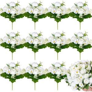 Olgaa 12 Bundles Peonies Artificial Flowers Fake Hydrangea Silk Peony Bouquet Bulk for Vase Floral Arrangements Wedding Arch Decor Centerpiece Table Decorations (White)