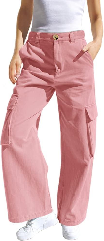 SySea Girls Cargo Pants Baggy Y2K Kids High Waist Sweatpants Flap Pockets Loose Fit Straight Wide Leg Casual Trousers (Pink, S)