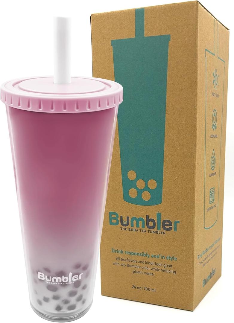 Bumbler 24oz Large Reusable Portable Eco-Friendly Tumbler | Drinking Cup with Wide Soft Tip Straw, Aesthetic Leak-Proof Lid  for Boba Tea, Smoothies, Iced Coffee, Hot or Cold Drinks  Blush Pink