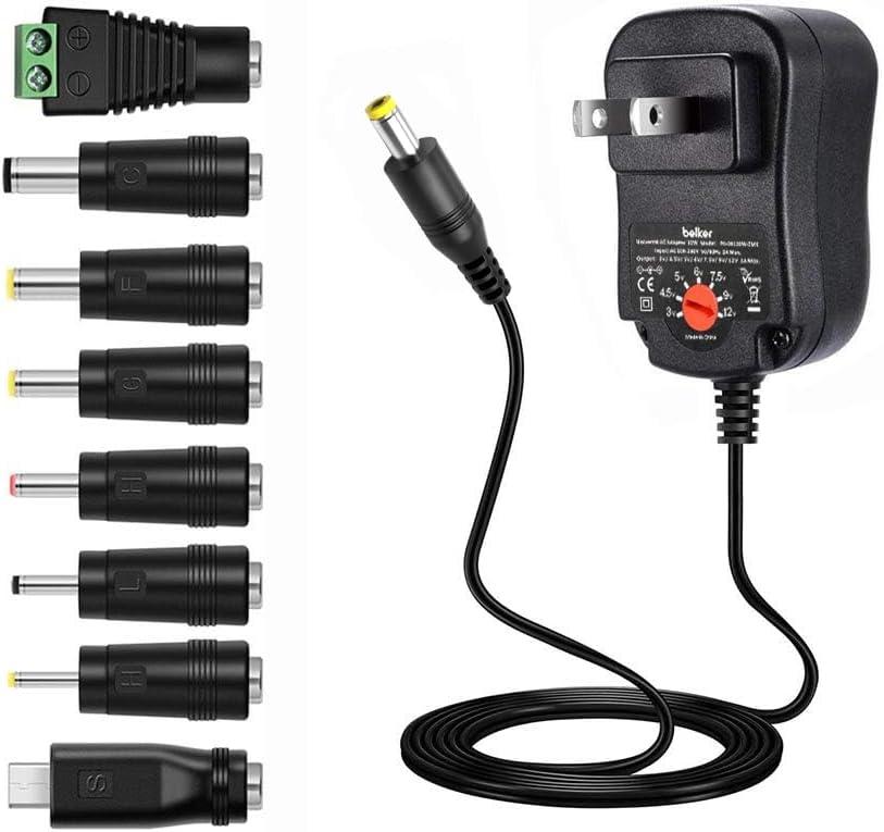 Belker 12W 3V 4.5V 5V 6V 7.5V 9V 12V Adjustable Voltage Universal AC/DC Adapter Power Supply for Household Electronics,Micro USB - 1A Max. [BN]