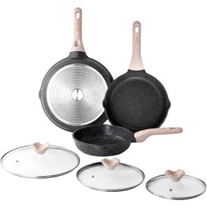 Nonstick Frying Pan Set with Lids, 3 Piece Skillet Set, Healthy Induction Cooking Pan, Stay-Cool Handle, Compatible with All Stovetops, PFOA Free (8, 9.5, 11 Inch) (Classic Granite)