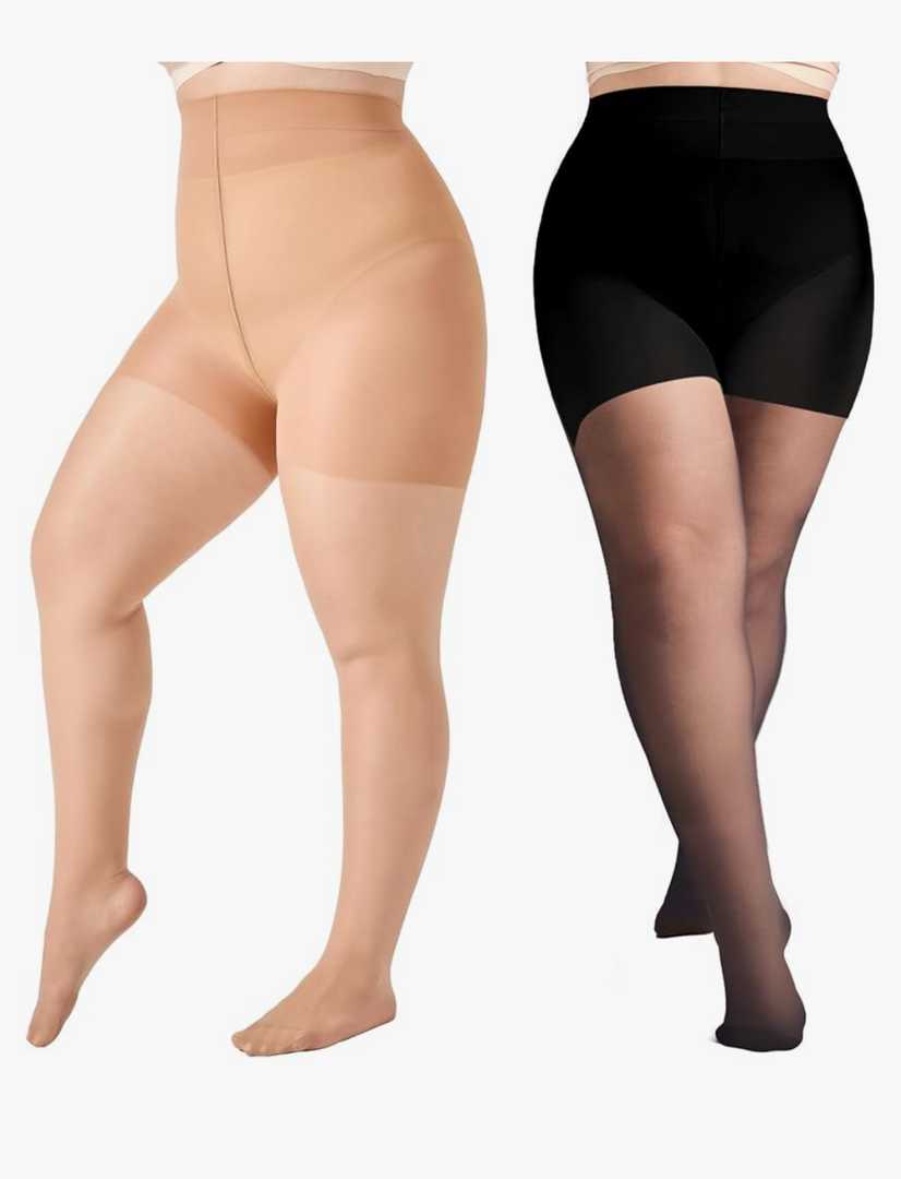 2 Pairs Plus Size Control Top Pantyhose Ultra-High Waist Tights 40D Sheer Shaping Support Stockings