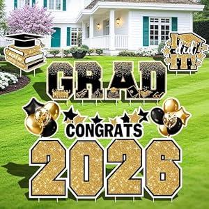 Graduation Yard Signs Class of 2026 Decorations, 11PCS Black Gold Congrats Grad 2026 Lawn Sign Large Yard Decor with Stakes for Outdoor Senior High School College Garden Prom Send Off Party Supplies