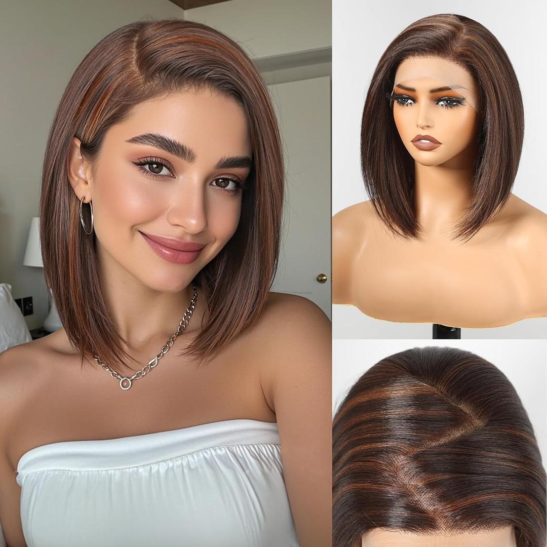 HAIRCUBE 13x6 HD Synthetic Lace Front Wig, 10 Inch Brown with Highlight Bob Wig Natural Density Hairline Straight Glueless Wig for Women Daily Use HAIRCUBE 13x6 HD Synthetic Lace Front Wig, 10 Inch Brown with Highlight Bob Wig Natural Density Hairline Straight Glueless Wig for Women Daily Use