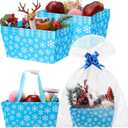 Moinchore 12 Pcs Christmas Basket for Gifts Empty 9.8x6.5'' Blue Snowflake Market Tray Cardboard Basket with Bows, Plastic Bags, Twist Ties, Empty to Fill for Holiday Birthday Xmas Winter Party Favor