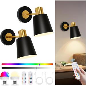 2 Pack Black Rechargeable Battery Operated Wall Sconces, Vintage Wireless Battery Powered Wall Lights with Remote, 15 RGB Dimmable, Cordless Wall Decor Lamp Indoor for Bedroom Living Room Hallway