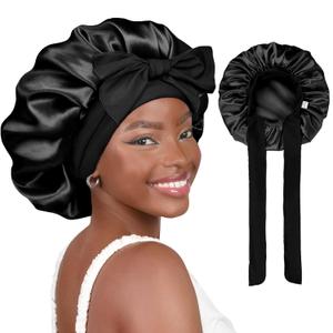 YANIBEST Satin Bonnet Silk Bonnet for Sleeping Double Layer Adjustable Hair Bonnet for Women Men for Curly Natural Hair with Tie Band (Black)