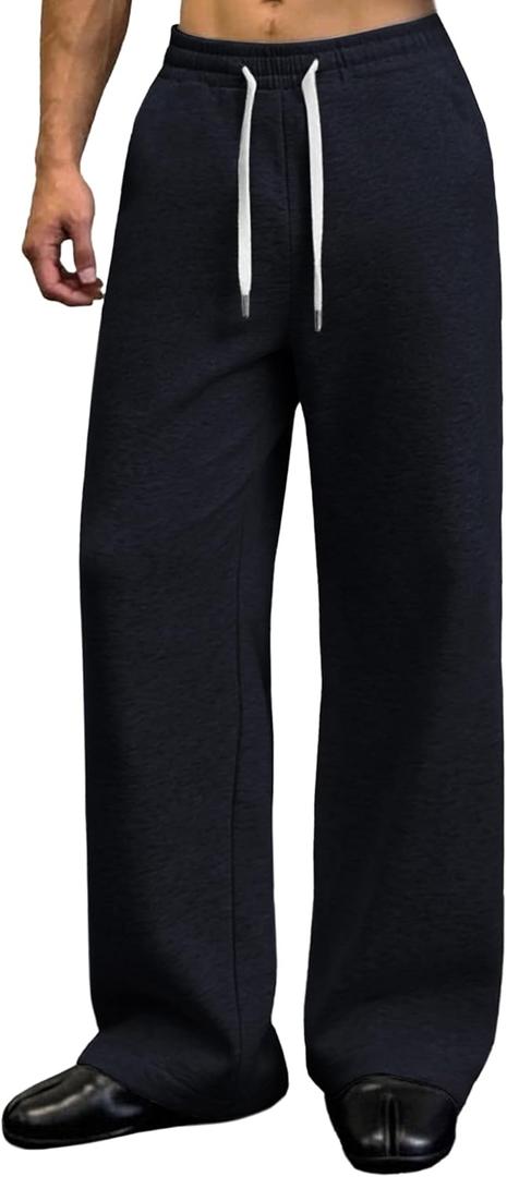 Susclude Mens Baggy Bootcut Sweatpants Wide Leg Flared Stretch Elastic Waist Drawstring Cotton Lounge Workout Casual Pants (36, Navy Blue)