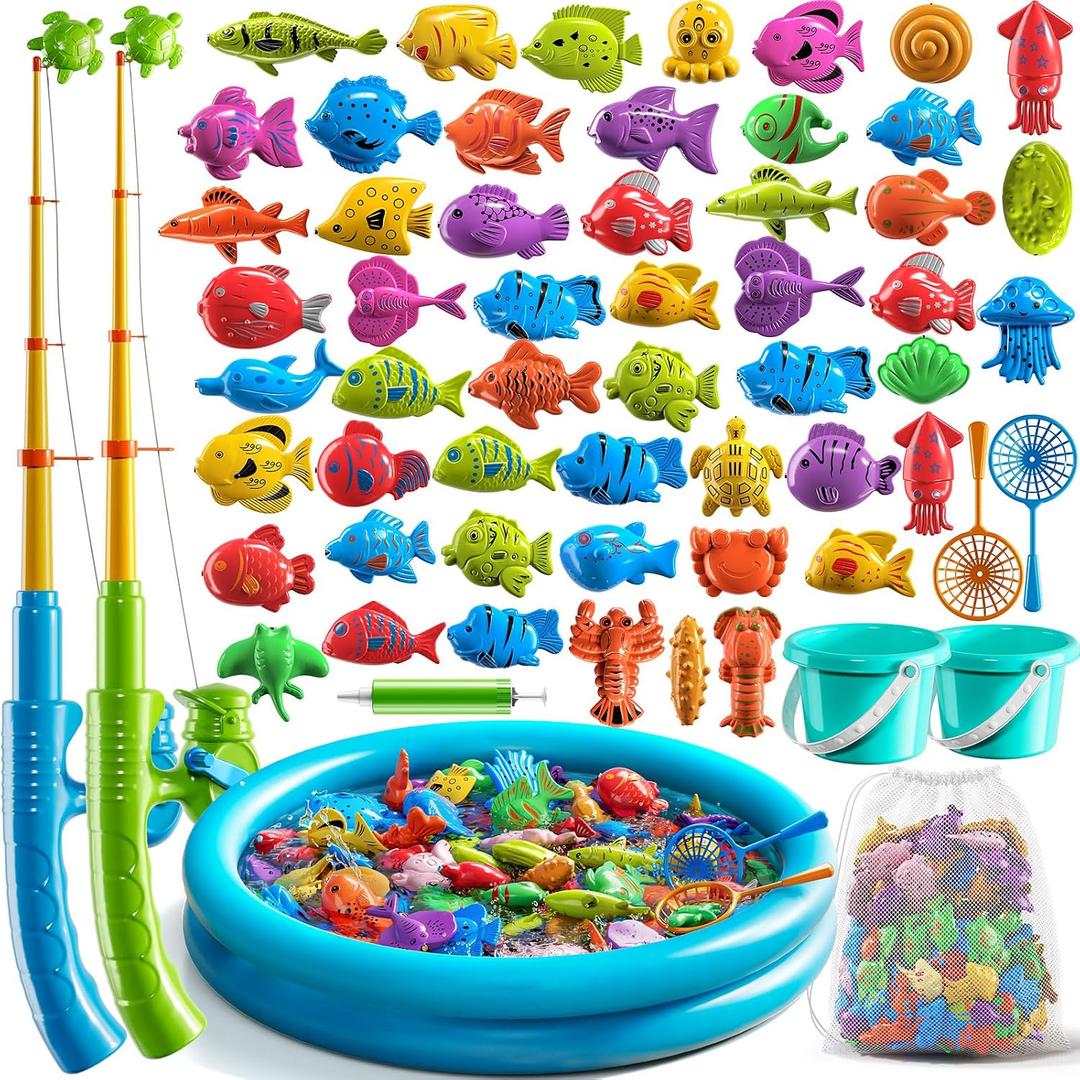 NIPLOOOW Pool Fishing Toys Games, Water Table Bathtub Toy with Inflatable Pool Pole Rod Net Plastic Floating Fish, Birthday Gifts for Kids Age 3 4 5 6 Year Old,Kids Outdoor Toys, Small