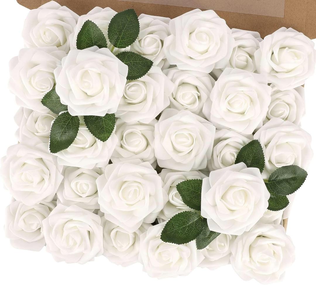 MACTING Artificial Flower Roses 30PCS Fake Flowers with Stem Real Touch Foam Roses DIY Bouquet Arrangements Table Centerpieces Party Bridal Shower Summer Wedding Decor, White