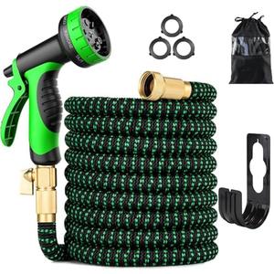100 ft Expandable Garden Hose - Kink Free Flexible Water Hose with Thumb-Controlled 10-Function Nozzle, 3/4 Solid Brass Connectors, Retractable Latex Core - Lightweight Expanding Hose