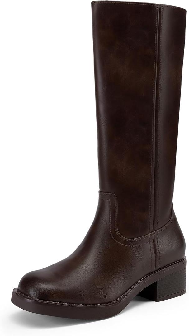 DREAM PAIRS Women's Square Toe Platform Chunky Block Heel Knee High Riding Boots (8, Dark Brown)