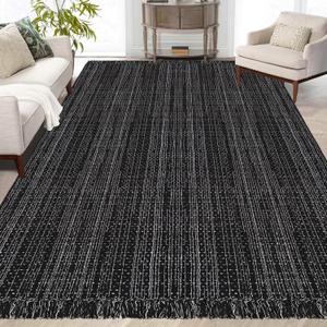 Indoor Outdoor Rug Braided Area Rug Washable Kitchen Tassel Rug 6x9, Black and White Striped Rug Cotton Rugs Farmhouse Decor Reversible Laundry Room Mat Patio Rug Front Porch Mat (69)