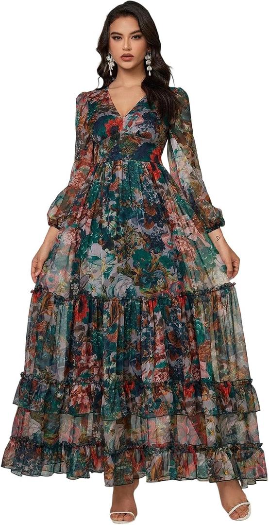 Womens Summer Dresses,Floral Patterns Vintage Elegant Cocktail Long Sleeve Boho Casual Maxi Wedding Guest Dresses for Women, X-Large