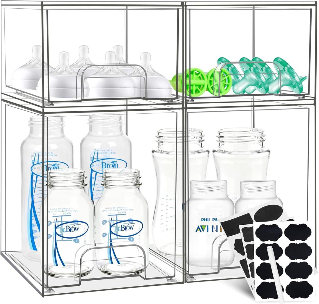 Baby Bottle Organizer, Stackable Storage Drawers with Label, Clear Station Organizers Container for Pacifiers, Pump Parts, Desk Organizer Bins for Bathroom, Cabinet, Pantry, Vanity, Countertop, 4 Pack
