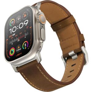 UUPWPOKT Leather Band Compatible with Apple Watch Band 42mm 41mm 40mm 38mm Men Women, Top Grain Genuine Leather Strap for iWatch Series 11 10 9 8 7 6 5 4 3 2 1 SE 3/2/1, Retro Dark Brown/Titanium