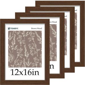 12x16 Picture Frame 4 Pack - Brown, Natural Wood Grain, HD Tempered Glass, 12 x 16 Photo Frame for Wall