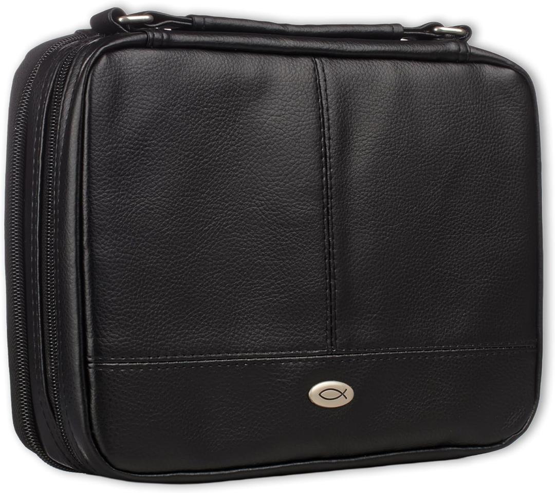 Christian Art Gifts Faux Leather Bible Cover for Men and Women | Ichthus Jesus Fish Emblem Zippered Two-Fold Organizer Case for Bible or Book w/Handle (Black)