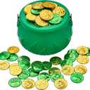 JOYIN 209PCS St Patricks Day Pot of Gold Set, 208 Lucky Leprechaun Plastic Coins and 1 Green Cauldron with Handle Saint Patricks Party Supplies