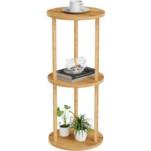 11.8'D Round Drink Table - 3-Tier Small Side Table with Wood Legs, End Table for Small Space, Balcony & Office | Space-Saving, Multi-Functional (Plants, Books, Drinks), Natural Wood