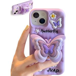 Kawaii 3D Butterfly Phone Case for iPhone 15 Pro Max (with Retractable Phone Stand & Grip) Cute Girly Cartoon Soft Silicone Phone Cover for Girls, Boys, Kids, Teens, and Women, Purple