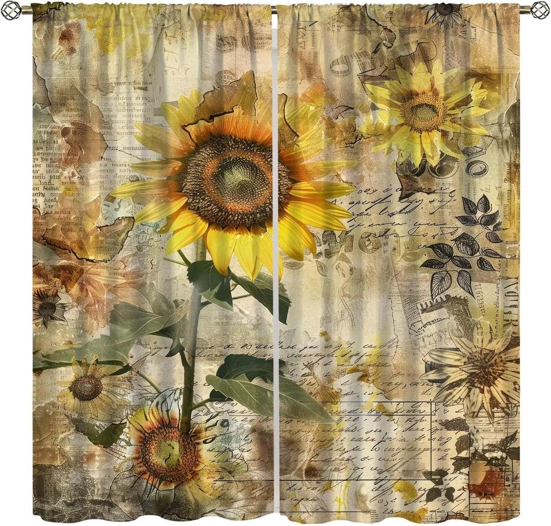 Sunflower Curtains, Country Style Sunflower Wood Window Decor for Living Room Bedroom Yellow Floral Farmhouse Country Curtains 2 Piece Set, 42x45 Inch